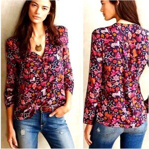Anthropologie Maeve Moonflower Colorful Henley Blouse Tunic Top Boho 12 Cottage